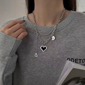 Black Heart Silver Chain Necklace